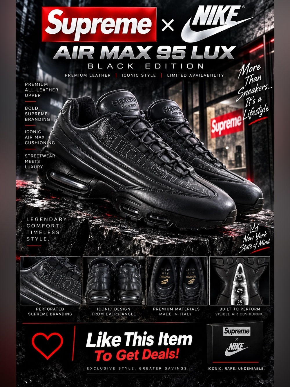 New!🔥Supreme x Nike Air Max 95 Lux sneakers in Black!🔥